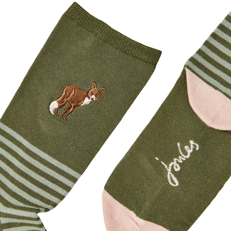 Joules Excellent Everyday Embroidered Socks - Green Embroidered Fox-1